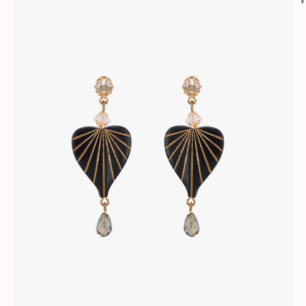 Tarina Tarantino Jazzy Art Deco Heart Black and Gold Heart Earrings